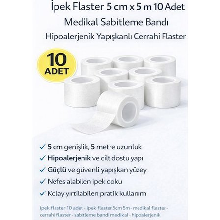 İpek Flaster 5 cm x 5 m 10 Adet Medikal Sabitleme Bandı Hipoalerjenik Yapışkanlı Cerrahi Flaster