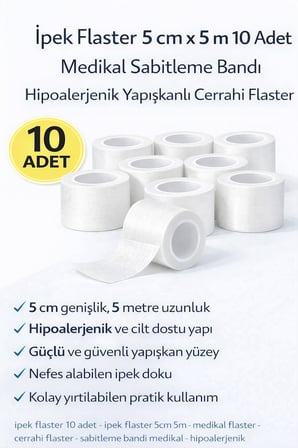 İpek Flaster 5 cm x 5 m 10 Adet Medikal Sabitleme Bandı Hipoalerjenik Yapışkanlı Cerrahi Flaster