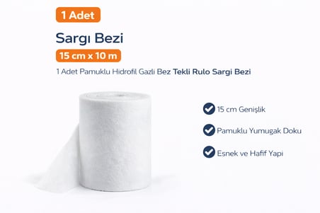 Sargı Bezi 15 cm x 10 m 1 Adet Pamuklu Hidrofil Gazlı Bez Tekli Rulo Sargı Bezi