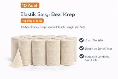 Elastik Sargı Bezi Krep 10 cm x 4 m 10 Adet Esnek Krep Bandaj Elastik Sargı Bezi Seti