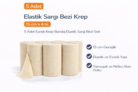 Elastik Sargı Bezi Krep 15 cm x 4 m 5 Adet Esnek Krep Bandaj Elastik Sargı Bezi Seti
