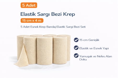 Elastik Sargı Bezi Krep 15 cm x 4 m 5 Adet Esnek Krep Bandaj Elastik Sargı Bezi Seti