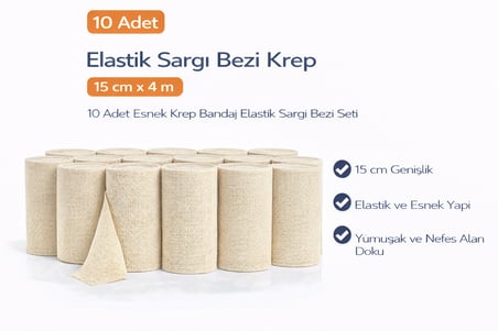 Elastik Sargı Bezi Krep 15 cm x 4 m 10 Adet Esnek Krep Bandaj Elastik Sargı Bezi Seti