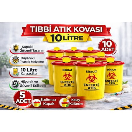 Tıbbi Atık Kovası 10 Litre 10 Adet Kapaklı Tıbbi Atık Kutusu Enfekte Atık Kovası Seti