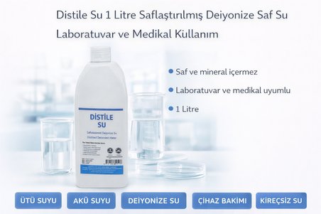 Distile Su 1 Litre Saflaştırılmış Deiyonize Saf Su Laboratuvar ve Medikal Kullanım 1 ADET