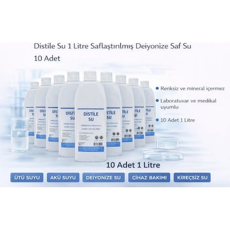 Distile Su 1 Litre Saflaştırılmış Deiyonize Saf Su 10 Adet