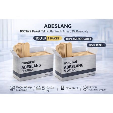 Abeslang 100'lü 2 Paket Tek Kullanımlık Ahşap Dil Basacağı Non Steril Medikal Spatula Toplam 200 Adet