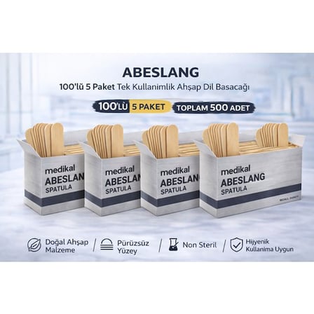 Abeslang 100'lü 5 Paket Tek Kullanımlık Ahşap Dil Basacağı Non Steril Medikal Spatula Toplam 500 Adet