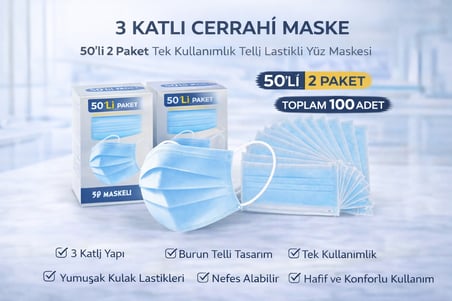 3 Katlı Cerrahi Maske 50'li 2 Paket Tek Kullanımlık Telli Lastikli Yüz Maskesi Toplam 100 Adet