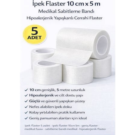 İpek Flaster 10 cm x 5 m 5 Adet Medikal Sabitleme Bandı Hipoalerjenik Yapışkanlı Cerrahi Flaster