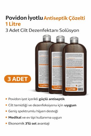 Povidon İyotlu Baticonal Antiseptik Çözelti 1 Litre x 3 Adet Cilt Dezenfektanı Solüsyon