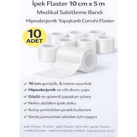 İpek Flaster 10 cm x 5 m 10 Adet Medikal Sabitleme Bandı Hipoalerjenik Yapışkanlı Cerrahi Flaster