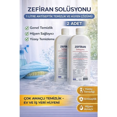 Zefiran Solüsyonu 1 Litre 2 Adet Set Antiseptik Hijyen ve Çok Amaçlı Temizlik Solüsyonu