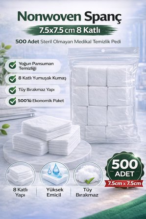 Nonwoven  7,5x7,5 cm 8 Katlı 500 Adet Steril Olmayan Medikal Temizlik Pedi