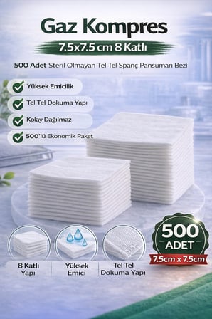Gaz Kompres 7,5x7,5 cm 8 Katlı 500 Adet Steril Olmayan Tel Tel Spanç Pansuman Bezi