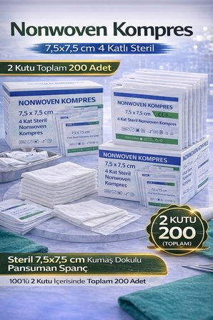 Nonwoven Kompres 7,5x7,5 cm 4 Katlı Steril 100 ADET Kumaş Dokulu Pansuman Spanç 2 KUTU