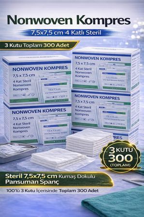 Nonwoven Kompres 7,5x7,5 cm 4 Katlı Steril 100 ADET Kumaş Dokulu Pansuman Spanç 3 KUTU