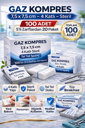 Gaz Kompres 7,5x7,5 cm 4 Katlı Steril 100 Adet Tel Tel  (5’li Zarflardan 20 Paket)1 KUTU