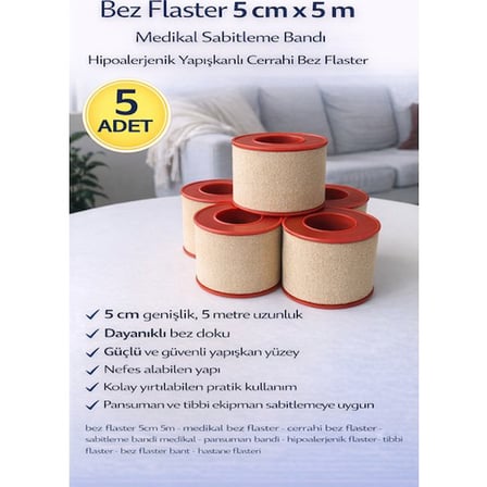 Bez Flaster 5 cm x 5 m Medikal Sabitleme Bandı Hipoalerjenik Yapışkanlı Cerrahi Bez Flaster 5 ADET