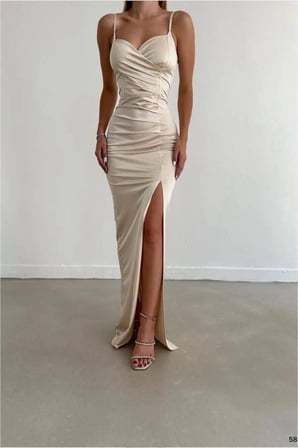 Twin Store Saten Yırtmaçlı Elbise Abiye V Yaka Askılı Kumaş · Renk: Gülkurusu · Beden: L BZSTWIN