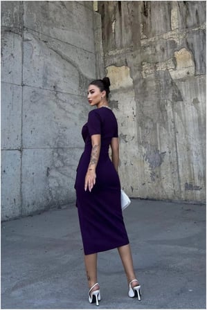 Twin Store Krep Kumaş Abiye Bisiklet Yaka Elbise Yırtmaçlı · Renk: Saks · Beden: M BZSTWIN