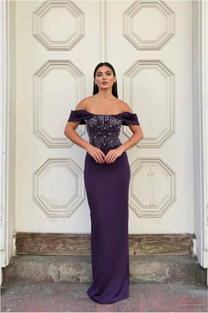 Twin Store Dik Uzun Abiye Payetli Yaka Elbise Kollu Maxi · Renk: Mor · Beden: XL BZSTWIN