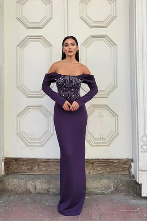 Twin Store Dik Uzun Abiye Payetli Yaka Elbise Kollu Maxi · Renk: Mor · Beden: XL BZSTWIN