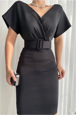 Twin Store Esnek Kruvaze Likralı Kemerli Elbise Abiye Yaka Kumaş · Renk: Saks · Beden: 2XL BZSTWIN