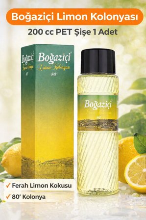 Boğaziçi Limon Kolonyası 200 cc 80° Ferahlatıcı Limon Kokulu Kolonya Pet Şişe 1 Adet