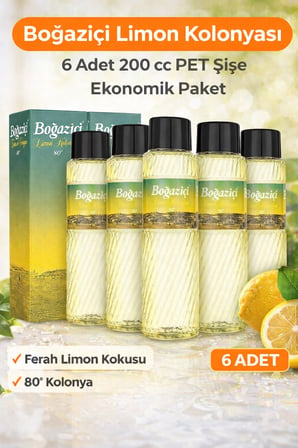 Boğaziçi Limon Kolonyası 200 cc PET Şişe 6 Adet 80° Ferahlatıcı Limon Kokulu Kolonya Ekonomik Paket