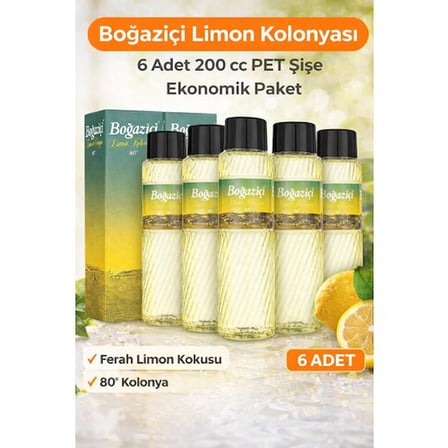 Boğaziçi Limon Kolonyası 200 cc PET Şişe 6 Adet 80° Ferahlatıcı Limon Kokulu Kolonya Ekonomik Paket