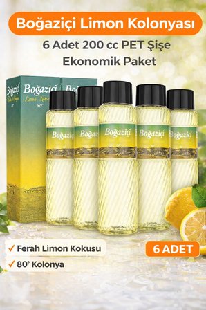 Boğaziçi Limon Kolonyası 200 cc PET Şişe 6 Adet 80° Ferahlatıcı Limon Kokulu Kolonya Ekonomik Paket