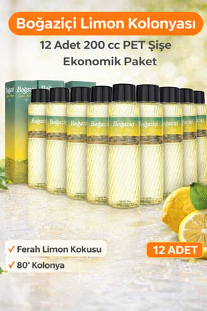 Boğaziçi Limon Kolonyası 200 cc PET Şişe 12 Adet 80° Limon Kokulu Kolonya Ekonomik Çoklu Paket