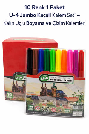U-4  Keçeli Kalem Seti 10 Renk – Kalın Uçlu Boyama ve Çizim Kalemi Seti (1 Paket)