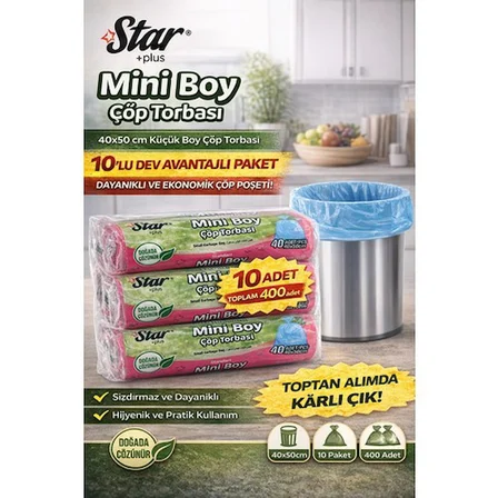 Star Plus Mini Boy Çöp Torbası 40'lı 10 Paket 40x50 cm Dayanıklı Sızdırmaz Küçük Boy Çöp Poşeti