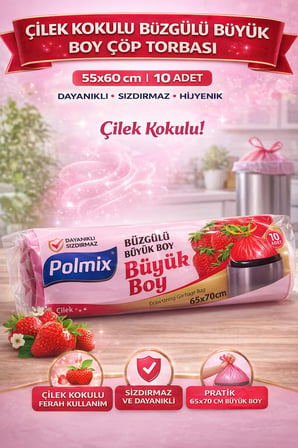 Polmix Çilek Kokulu Büzgülü Büyük Boy Çöp Torbası 65x70 cm 10'lu 1 Paket Dayanıklı Sızdırmaz Çöp Poşeti