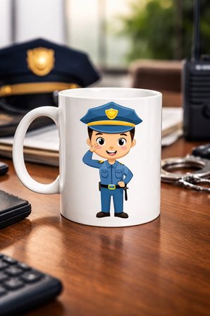 Polis Temalı Porselen Kupa MODEL 161 – Sevimli Polis Karakter Baskılı Kahve Kupası – Polis Meslek Hediyesi – Dayanıklı Porselen Kahve Bardak
