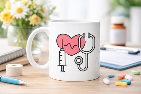 Sağlık Temalı Porselen Kupa MODEL 170 – Stetoskop Kalp ve Şırınga Tasarımlı Kahve Kupası – Doktor ve Hemşire Hediyesi