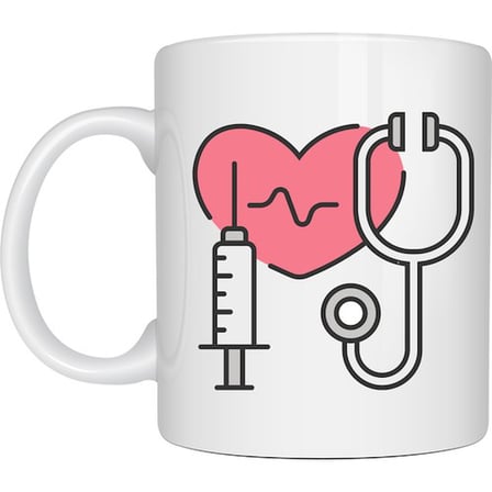 Sağlık Temalı Porselen Kupa MODEL 170 – Stetoskop Kalp ve Şırınga Tasarımlı Kahve Kupası – Doktor ve Hemşire Hediyesi