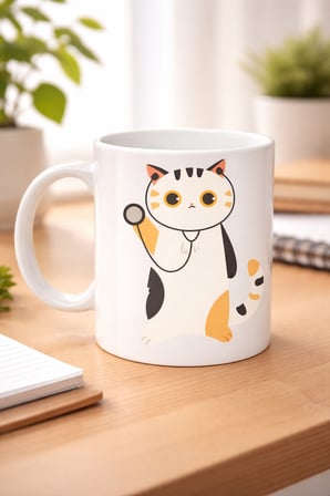 Veteriner Kedi Tasarımlı Porselen Kupa MODEL 177 – Stetoskoplu Sevimli Kedi Kahve Kupası – Veterinerlere ve Kedi Severlere Hediye