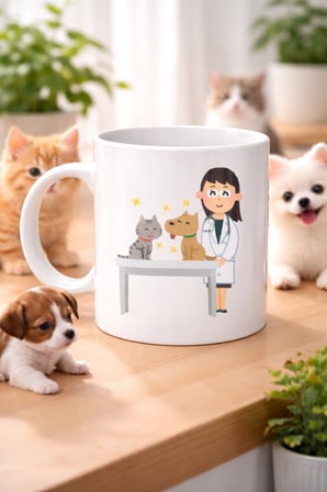Veteriner Temalı Porselen Kupa MODEL 179 – Kedi ve Köpekli Sevimli Veteriner Tasarımlı Kahve Kupası – Veterinerlere ve Hayvan Severlere Hediye