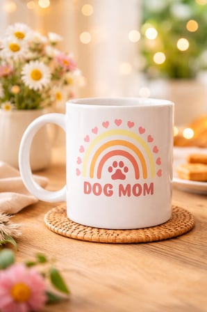 Dog Mom Baskılı Porselen Kupa MODEL 186 – Köpek Annesi Temalı Sevimli Kahve Kupası – Köpek Severlere Hediye – Sevimli Pati ve Gökkuşağı Tasarımlı Kupa