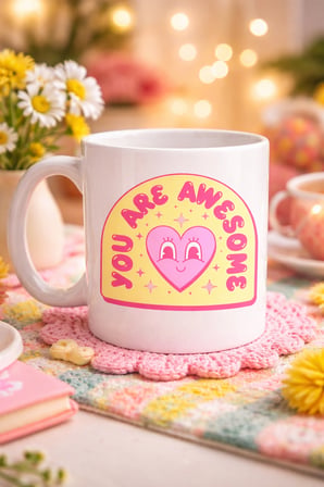 You Are Awesome Yazılı Kalpli Tasarım Porselen Kupa MODEL 187 – Motivasyon Mesajlı Sevimli Kahve Kupası – Hediye Kupa Bardak