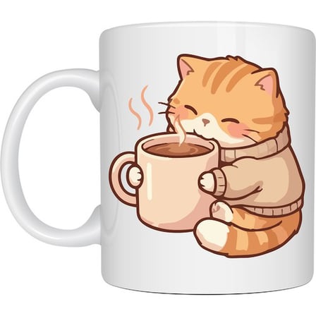 Sevimli Kedi Tasarımlı Porselen Kupa MODEL 188 – Kahve İçen Tatlı Kedi Figürlü Kahve Kupası – Kedi Severlere Hediye Kupa Bardak