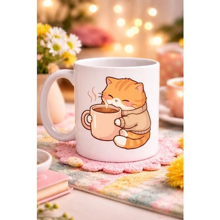 Sevimli Kedi Tasarımlı Porselen Kupa MODEL 188 – Kahve İçen Tatlı Kedi Figürlü Kahve Kupası – Kedi Severlere Hediye Kupa Bardak