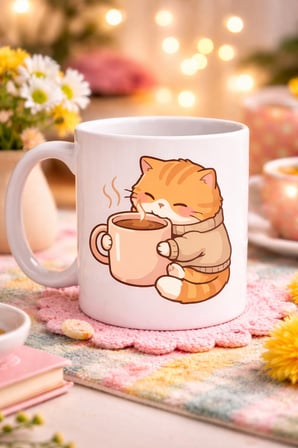 Sevimli Kedi Tasarımlı Porselen Kupa MODEL 188 – Kahve İçen Tatlı Kedi Figürlü Kahve Kupası – Kedi Severlere Hediye Kupa Bardak