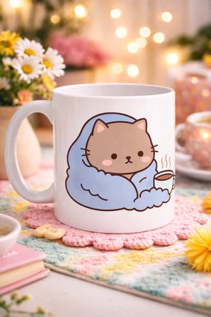 Battaniyeye Sarılmış Sevimli Kedi Tasarımlı Porselen Kupa MODEL 189 – Kahve Temalı Tatlı Kedi Kahve Kupası – Kedi Severlere Hediye Kupa