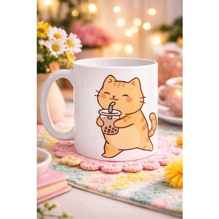 Sevimli Kedi Bubble Tea Tasarımlı Porselen Kupa MODEL 192 – Boba Çayı İçen Kedi Kahve Kupası – Kedi Severlere Hediyelik Kupa Bardak