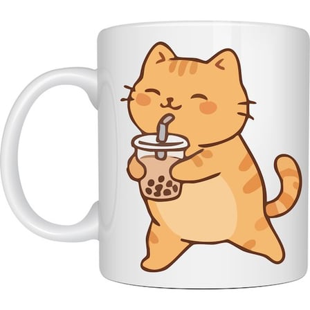 Sevimli Kedi Bubble Tea Tasarımlı Porselen Kupa MODEL 192 – Boba Çayı İçen Kedi Kahve Kupası – Kedi Severlere Hediyelik Kupa Bardak