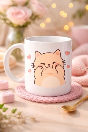 Sevimli Kedi Tasarımlı Porselen Kupa MODEL 193 – Kalpli Cute Cat Baskılı Kahve Kupası – Sevgiliye Hediye Sevimli Kupa